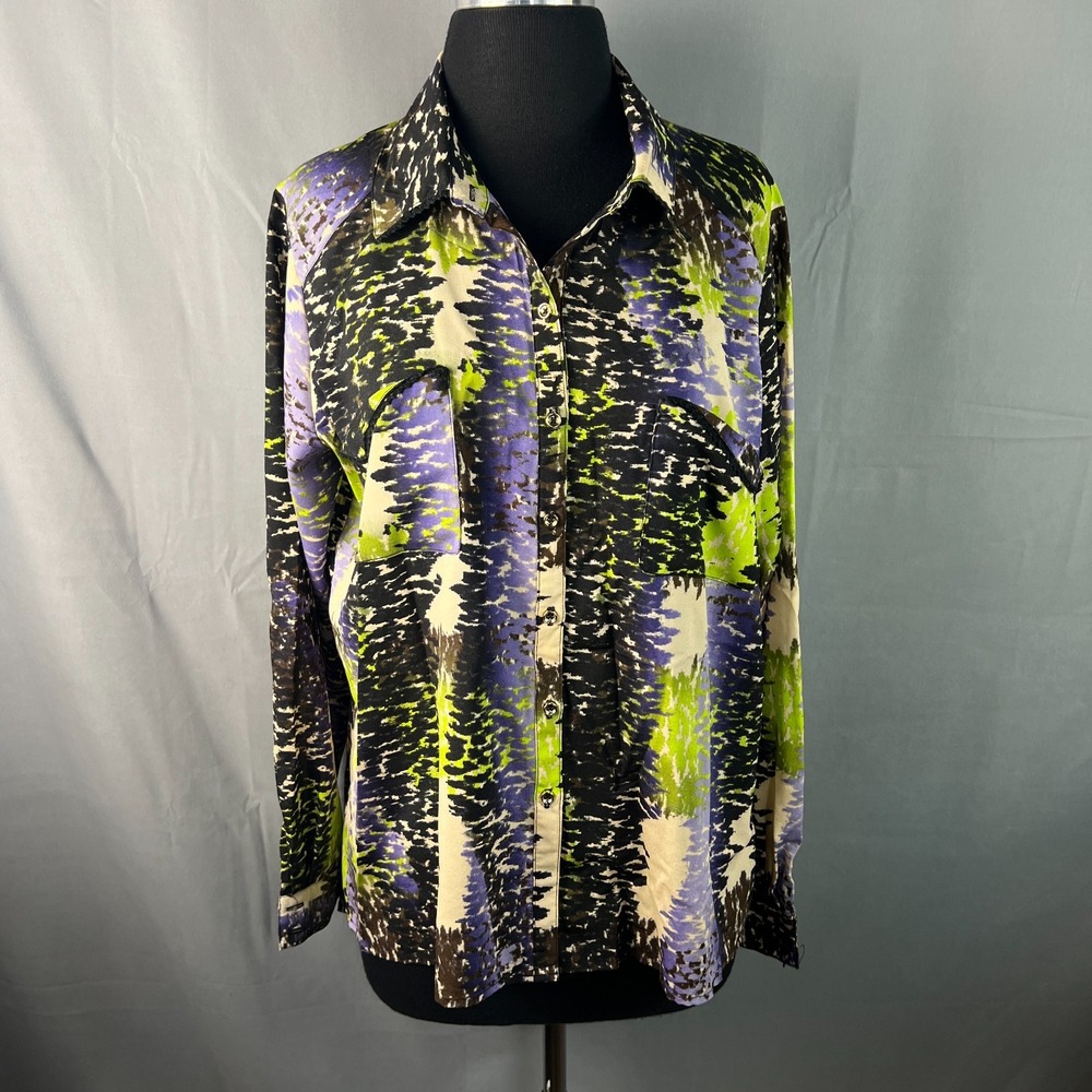 Democracy Shirt Womens L Multicolor Abstract Print Back Slit Pockets Button Up